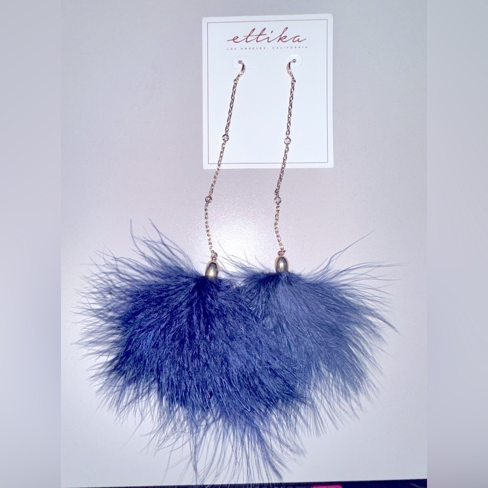 ETTIKA 18K Gold Plated Chain Pom Duster Earrings Drop Feather Dark Blue